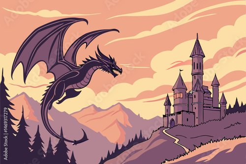 82 black dragon flying over fantasy castle landscape, dramatic scenic sunset sky, digital art, fantasy, hyper detailed, intricate, cinematic, octane render, 8k