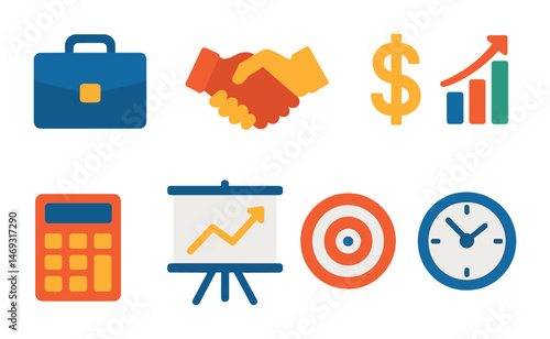 Business and finance flat icons set – silhouette, solid, corporate symbols