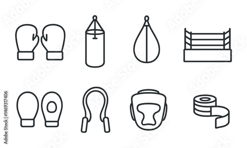 Boxing and fitness outline icons set – gloves, training, exercise symbols