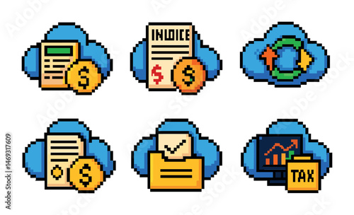 Finance and accounting pixel art icons set – budgeting, currency, financial symbols