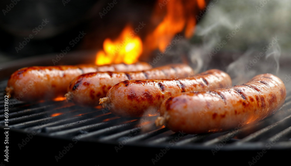 sausages grilling with flames and smoke, creating a savory, flame-cooked scene. sausages grilling with flames and smoke, creating a savory, flame-cooked scene.
