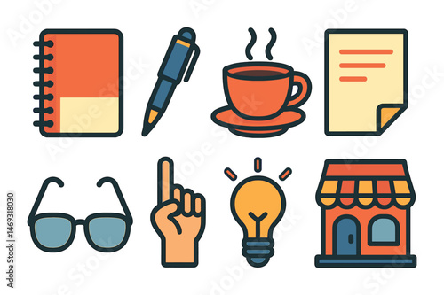 Business and office outline icons set – vector, flat, work and productivity symbols