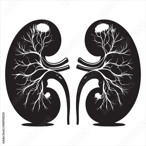 Black silhouette of two human kidneys with veins and arteries, anatomically detailed on a white background 