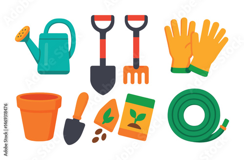 Gardening tools flat icons set – horticulture, planting, outdoor equipment symbols