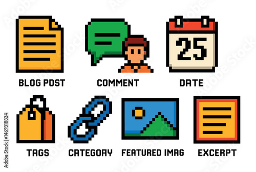 Pixel art icons for blog management and content organization