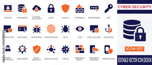 A modern vector icon collection focusing on cyber security elements including password protection, firewall, malware defense, cloud security,  and digital privacy. Perfect for IT, antivirus