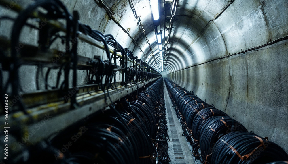 Fototapeta premium A compact underground tunnel with white walls, power cables mounted on supports, and cool white fluorescent lighting.
