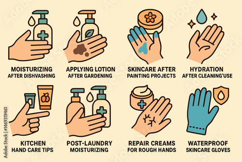 Hand care and hygiene icons set – flat, filled, skincare and moisturizer graphics