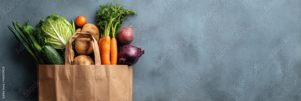 Fresh Groceries in a Brown Bag on a Blue Surface With Vegetables and Space to Display Price Label Generative AI