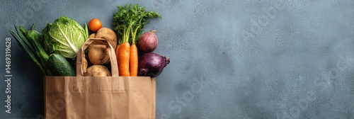 Obraz na płótnie Fresh Groceries in a Brown Bag on a Blue Surface With Vegetables and Space to Display Price Label Generative AI w salonie