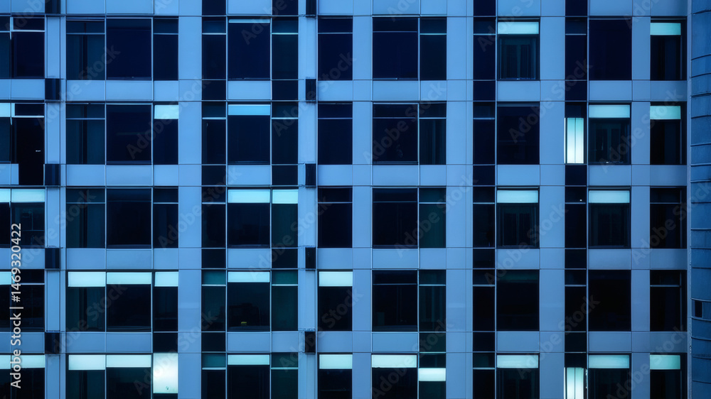 Symmetrical Urban Architecture with Blue Window Lights on Contemporary Building Symmetrical Urban Architecture with Blue Window Lights on Contemporary Building
