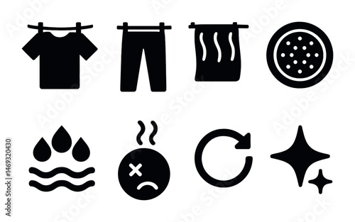 Laundry and cleaning solid icons set – filled, household, detergent symbols
