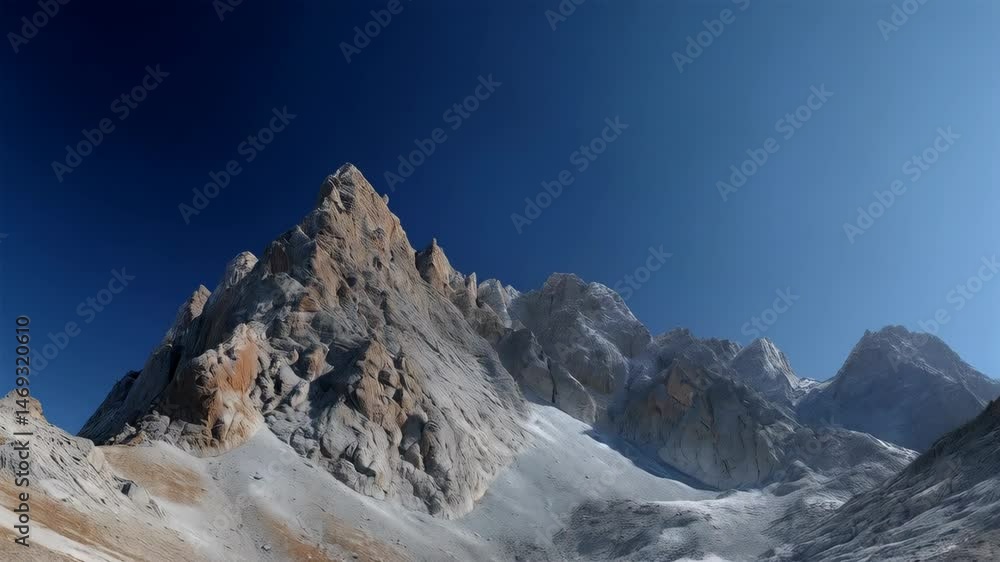 Rocky mountain peaks under clear blue sky, scenic landscape of steep mountain range with snow, rugged terrain of peaks in daylight Rocky mountain peaks under clear blue sky, scenic landscape of steep mountain range with snow, rugged terrain of peaks in daylight