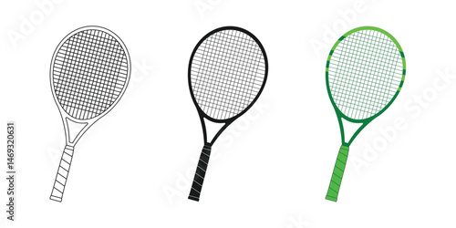 tennis racket design set, line style, black and colored. editable vector eps 10