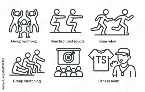 Fitness and exercise icons set – linear, outline, workout and training symbols