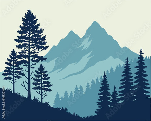 high-contrast vector silhouette of a mountain range with pine trees, centered on a plain sky gradient background. Use a naturalistic style.
