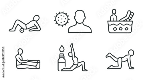 Fitness and wellness outline icons set – yoga, health, exercise symbols