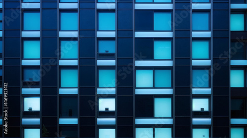 Symmetrical Urban Architecture with Blue Window Lights on Contemporary Building