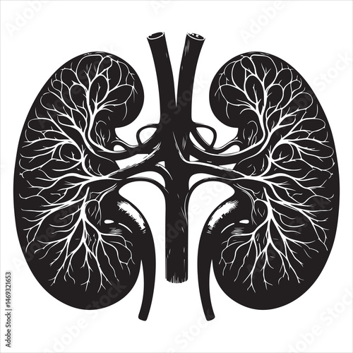 Black silhouette of two human kidneys with veins and arteries, anatomically detailed on a white background 