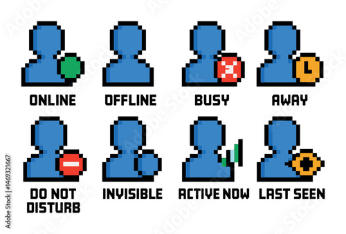 User status pixel art icons set – online, offline, communication badges