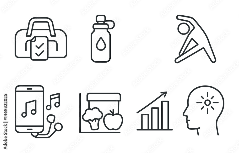 Fitness and wellness outline icons set – line, linear, health and exercise symbols Fitness and wellness outline icons set – line, linear, health and exercise symbols