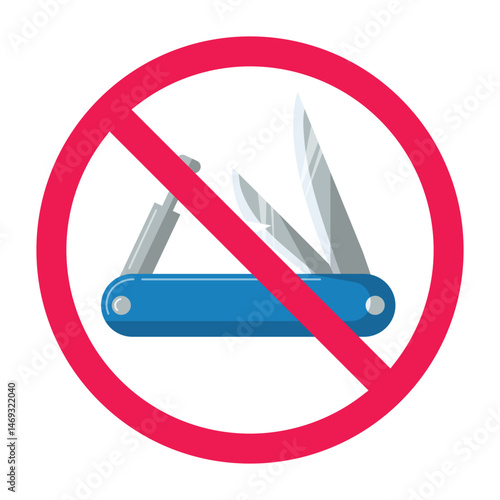 Forbidden sign with multitool icon, no multitool allowed sign,  pocket knife prohibition sign, no multi knife allowed symbol