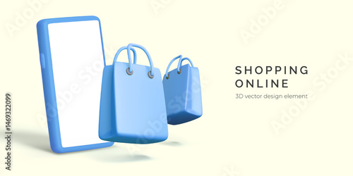 Shopping, Online, and Mobile Commerce Concept with 3D Smartphone and Shopping Bags, Perfect for E-Commerce, Retail, and App Design. Clean Modern Vector Illustration