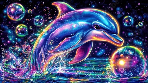Vibrant dolphin leaping through a colorful sea of bubbles