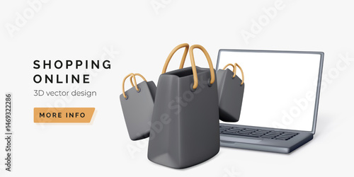 Online Shopping Concept With Laptop And Shopping Bags, Perfect For E-Commerce, Retail, And Technology Projects. Clean 3D Vector Illustration