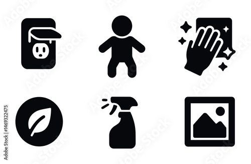 Home and cleaning solid icons set – filled, silhouette, hygiene and household symbols