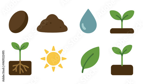 Gardening and plant growth icons set – flat, filled, botany and horticulture symbols