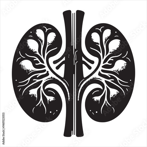Black silhouette of two human kidneys with veins and arteries, anatomically detailed on a white background 