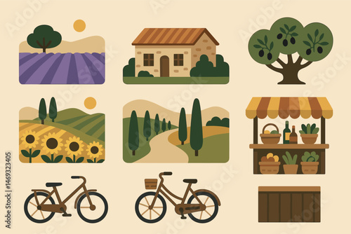 Rural landscape flat icons set – countryside, farming, agrarian designs