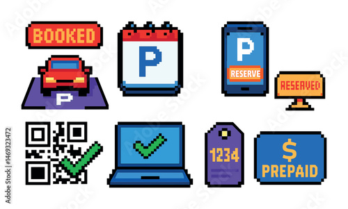 Parking and reservation pixel art icons set – prepaid, booking, car symbols
