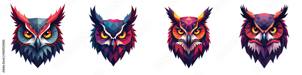 Fototapeta premium Set of 4 Stylized Owl Head Vector Illustrations with Vibrant Colors