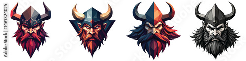 Low-poly Set of Norse berserker face in a vector illustration against a Transparent or white background, A trendy and modern logo design, making it suitable for printing.
