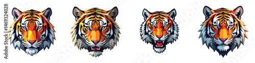 Low-poly Set of jungle tiger head in a vector illustration against a Transparent or white background, A trendy and modern logo design, making it suitable for printing.