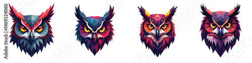 Low-poly Set of mystic owl head in a vector illustration against a Transparent or white background, A trendy and modern logo design, making it suitable for printing.