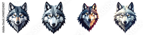 Low-poly Set of arctic wolf head in a vector illustration against a Transparent or white background, A trendy and modern logo design, making it suitable for printing.