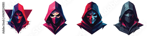 Low-poly Set of cyberpunk assassin mask in a vector illustration against a Transparent or white background, A trendy and modern logo design, making it suitable for printing.
