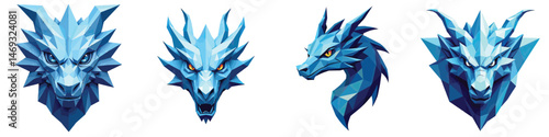 Low-poly Set of ice dragon face in a vector illustration against a Transparent or white background, A trendy and modern logo design, making it suitable for printing.