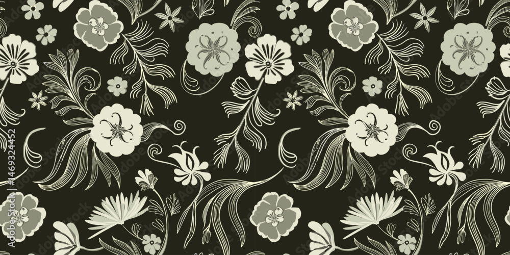 Fototapeta premium Handcrafted Repeating Floral Pattern On A Dark Background. Key Elements Include: