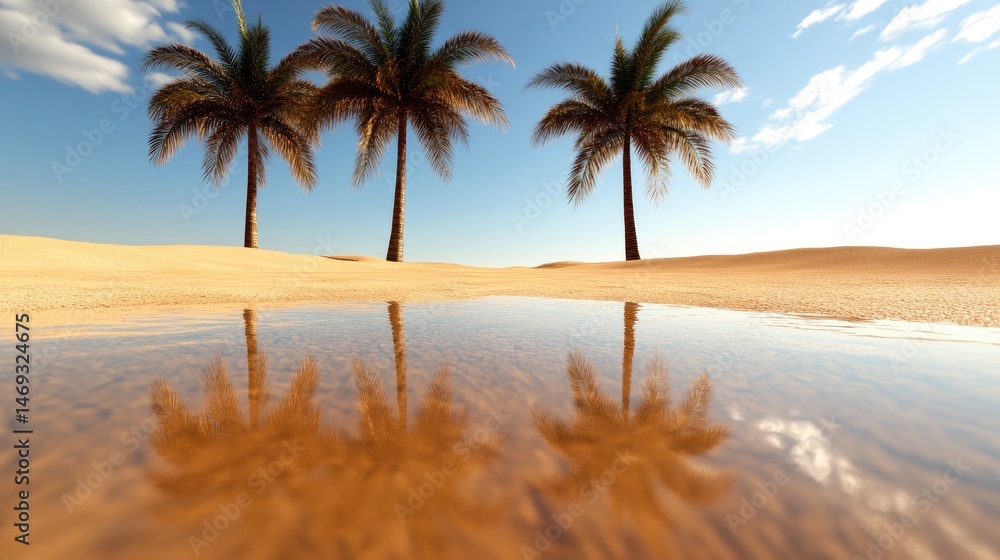 Fototapeta premium A desert oasis with palm trees and a clear blue sky, painted in a surreal, dream-like style.