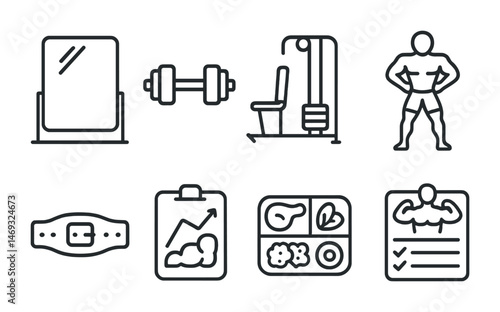 Fitness and gym line icons set – outline, workout, exercise and training symbols