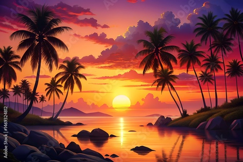 Tropical Sunset Paradise Beach Scene with Palm Trees