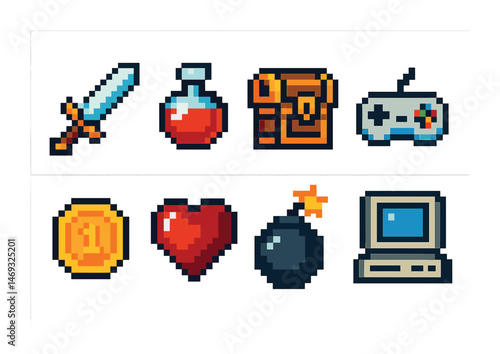 Retro gaming pixel art icons set – vintage, arcade style, classic symbols