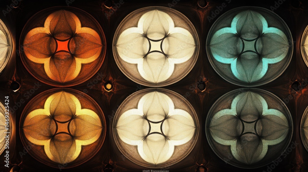 Ornate, repeating circular patterns in warm and cool colors Ornate, repeating circular patterns in warm and cool colors