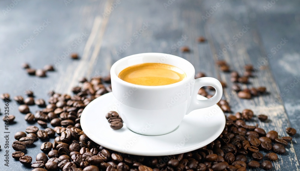 Fototapeta premium Aromatic Espresso Coffee in White Cup Surrounded by Roasted Beans