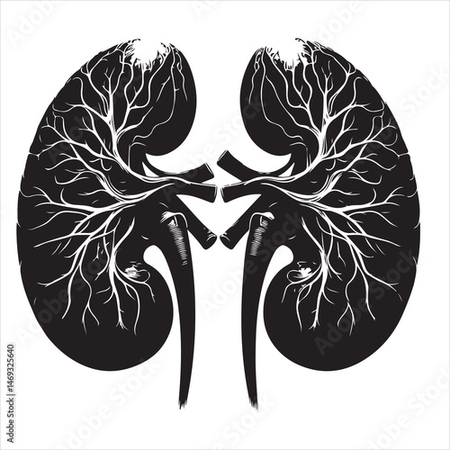 Black silhouette of two human kidneys with veins and arteries, anatomically detailed on a white background 