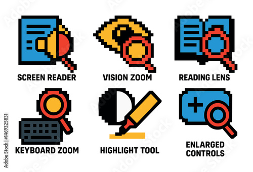 Accessibility tools icon set – pixel art, assistive symbols and technology graphics